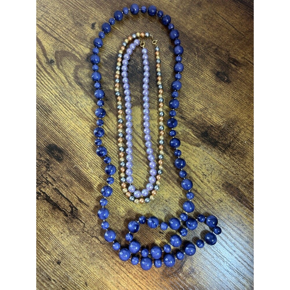 Vintage Necklace Lot Blue Beaded Lilac Multi Color Metal Jewelry Set Retro - Picture 2 of 10